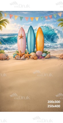 Tło fotograficzne „Kolorowe deski surfingowe z muszlami i falą oceanu” | 4057